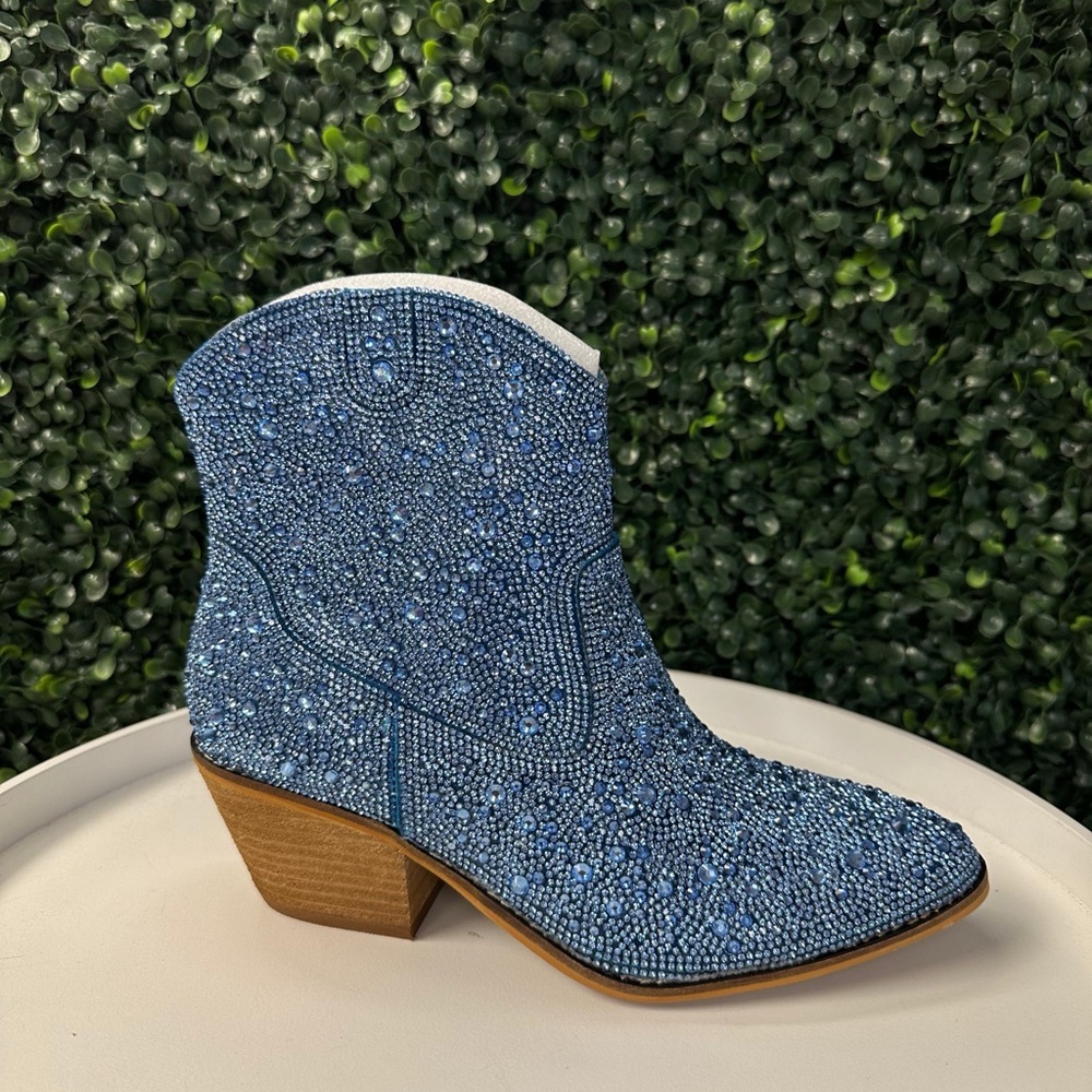 Blue Rhinestone Western Ankle Boots